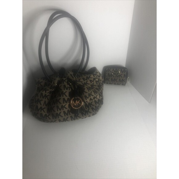 Michael Kors Jet Set Lg Gathered Tote Bag Purse Signature Brwn/black with Wallet - Picture 3 of 9